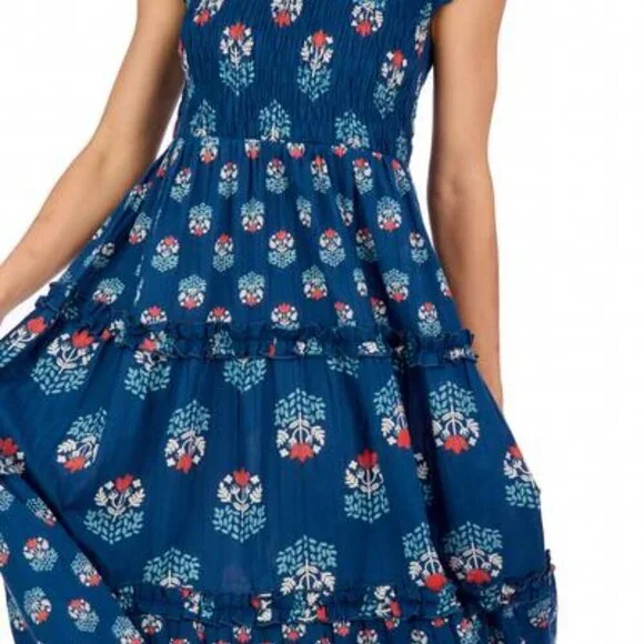 Ward Smocked Block Print Midi Dress Mud Pie Size S Navy - Picture 6 of 10